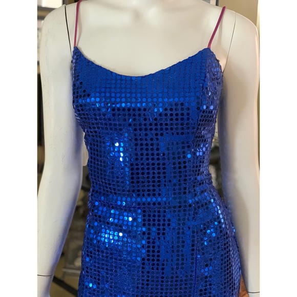 Long Cobalt Blue Sequin Dress Dramatic Slit - Picture 2 of 12